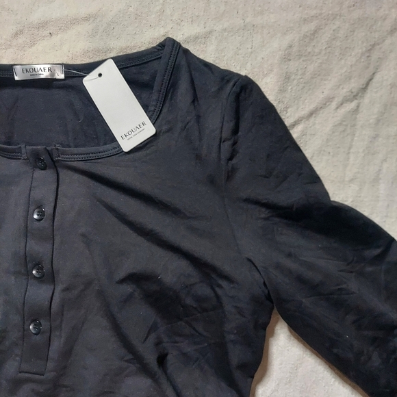 Ekouaur black henley long sleeve top w side ruching soft comfortable NEW large - Picture 3 of 10